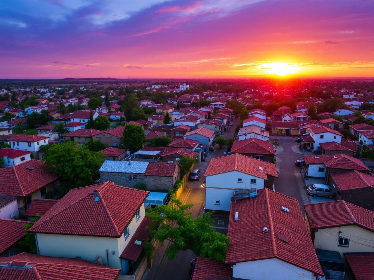Vista de bairro residencial em Janaúba ao anoitecer